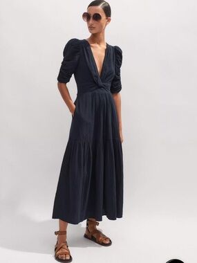 ME+EM Cheesecloth Gathered Sleeve Maxi Dress in Navy
